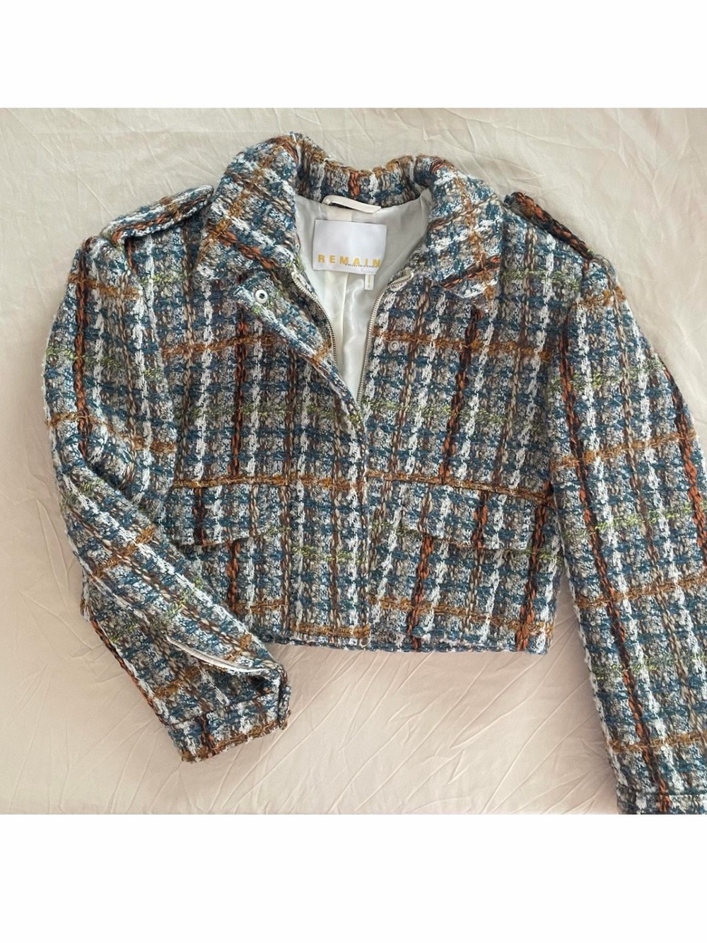REMAIN Birger Christensen Cropped Plaid Tweed Blazer in Blue Multi